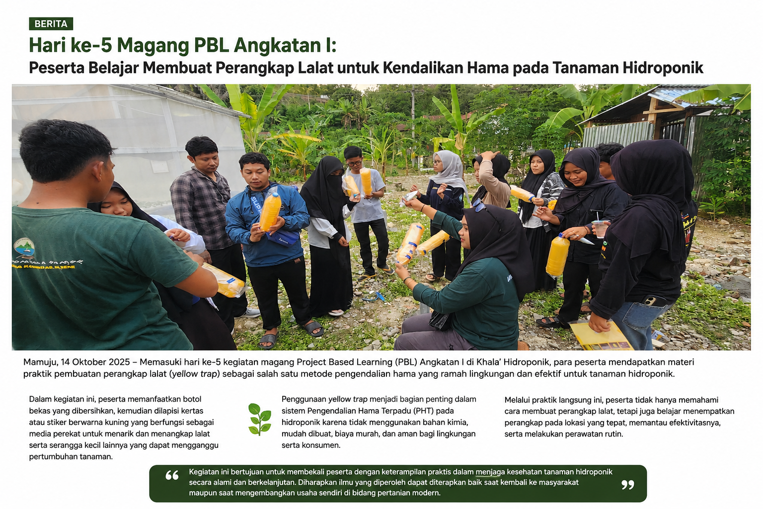 Hari Ke-5 Magang PBL Angkatan I: Peserta Praktik Pembuatan Yellow Trap dari Botol Bekas untuk Pengendalian Hama Tanaman Hidroponik.